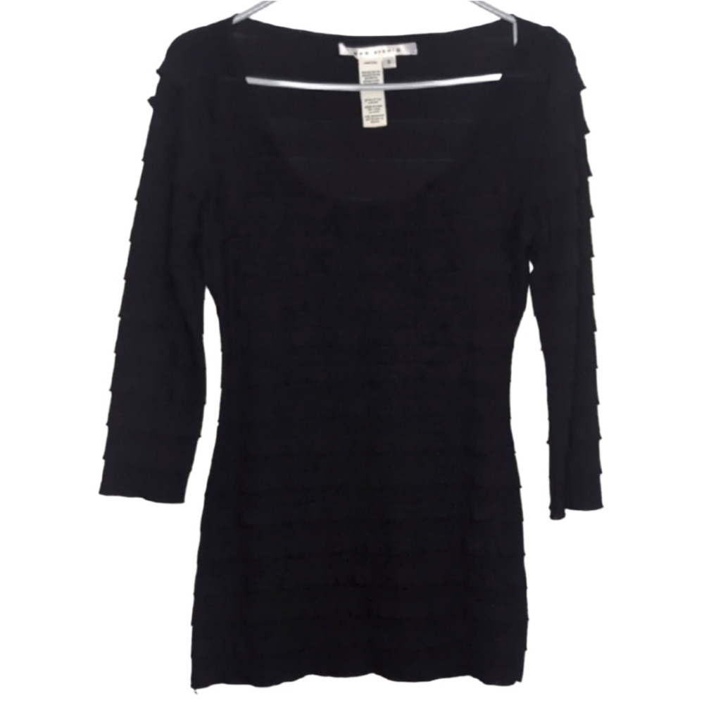 Max Studio Women's Small Black Stretch Layered‎ Scoop Neck 3/4 Sleeve Length Top